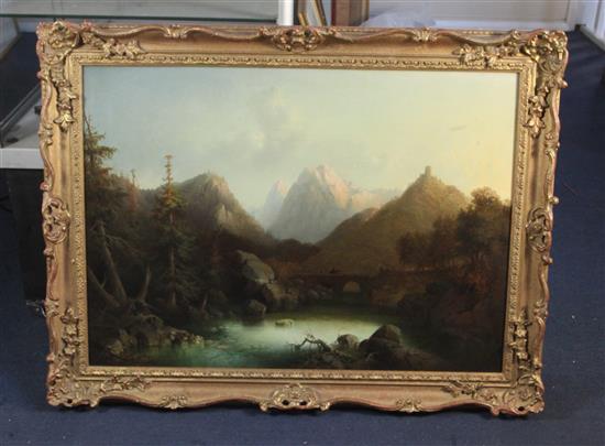 Carl Fedeler (German, 1837-1897) Travellers in an alpine landscape 21.5 x 30.5in.